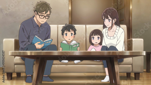 family sitting on a sofa and reading