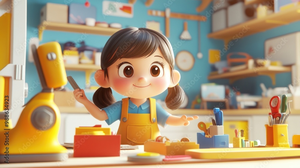 A cheerful child in a workshop, engaged in crafting with various tools and materials. A cheerful child in a workshop, engaged in crafting with various tools and materials.