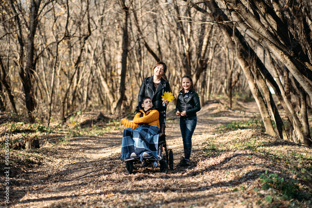 Mother and sibling enjoying a nature walk with child in wheelchair, accessible outdoor adventures, disability inclusion, family bonding, mobility support. Mother and sibling enjoying a nature walk with child in wheelchair, accessible outdoor adventures, disability inclusion, family bonding, mobility support.