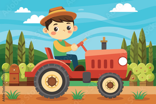 A cheerful boy maneuvers a tractor through a lush field surrounded by trees, Cartoon boy driving a tractor in the field. Vector illustration.
