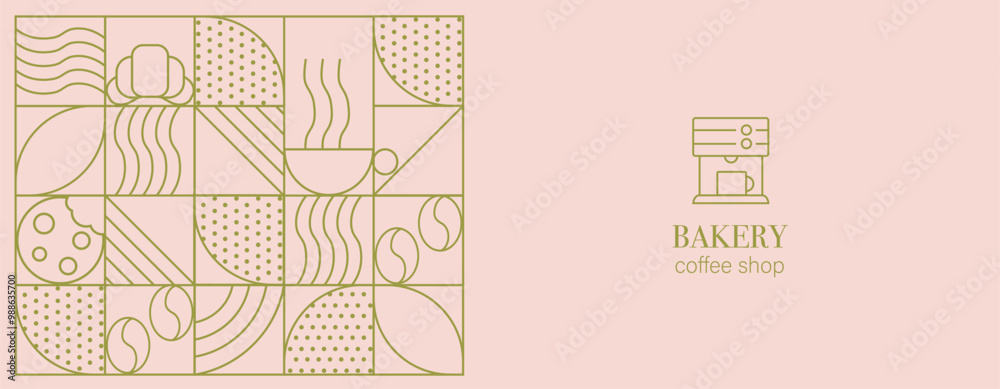 Abstract coffee modern line geometric pattern. Hand drawn illustration for Bakery and Coffee shop. Icons. Coffee bean, cup of coffee, dish, cookie and croissant. Abstract geometric line background. Abstract coffee modern line geometric pattern. Hand drawn illustration for Bakery and Coffee shop. Icons. Coffee bean, cup of coffee, dish, cookie and croissant. Abstract geometric line background.