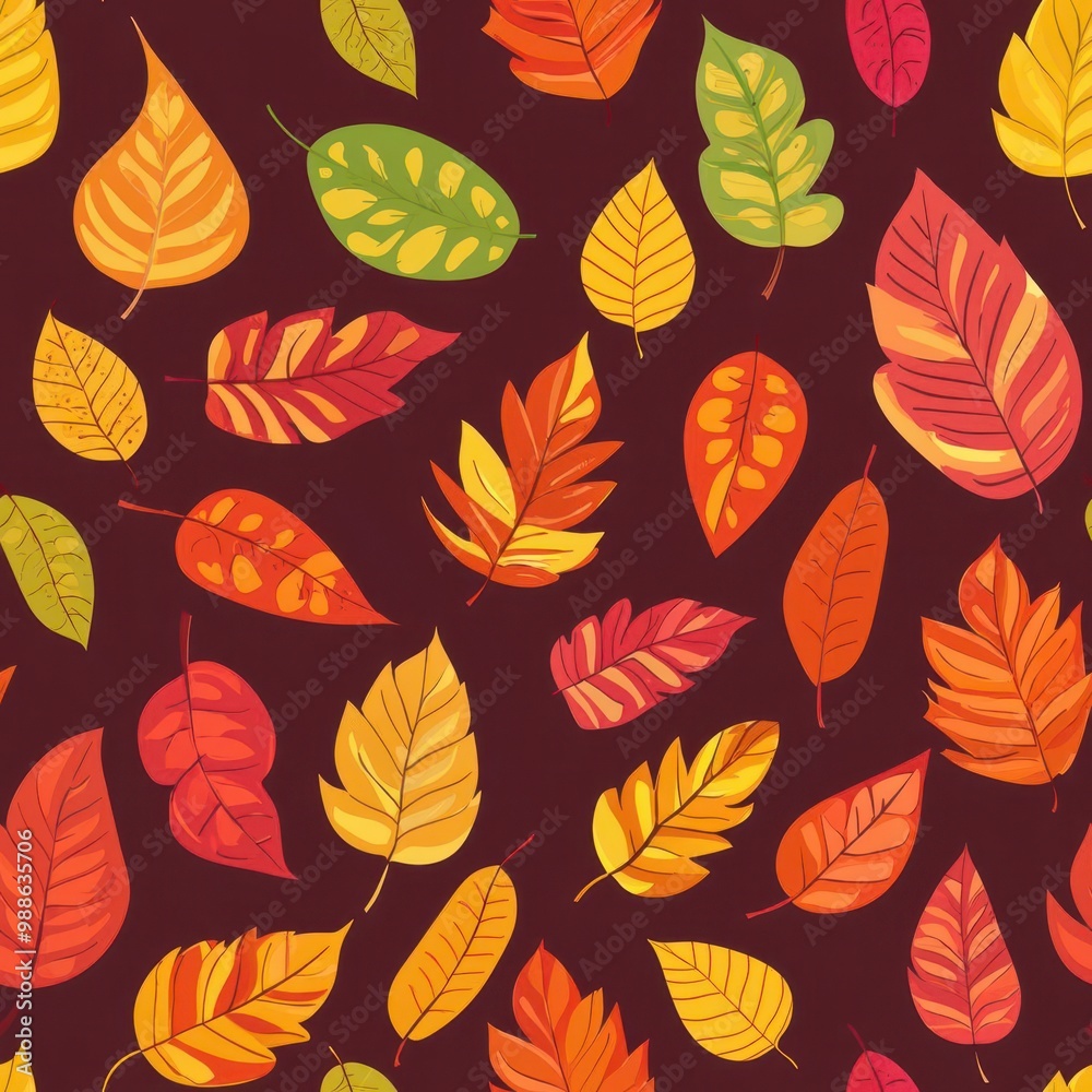 Colorful Autumn Leaves Pattern on Maroon Background Colorful Autumn Leaves Pattern on Maroon Background