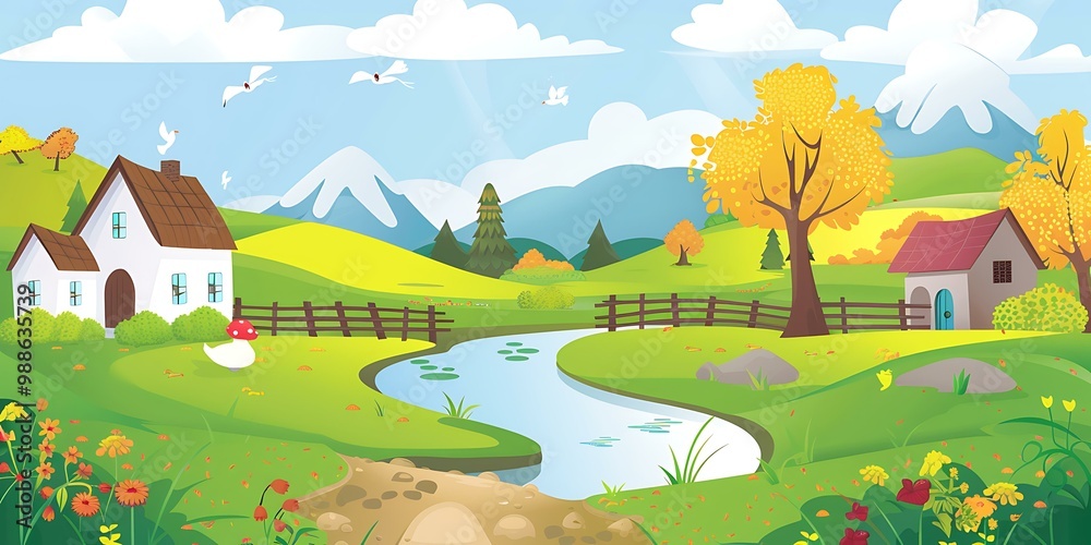 Fototapeta premium Autumn Landscape with Two Houses and a River