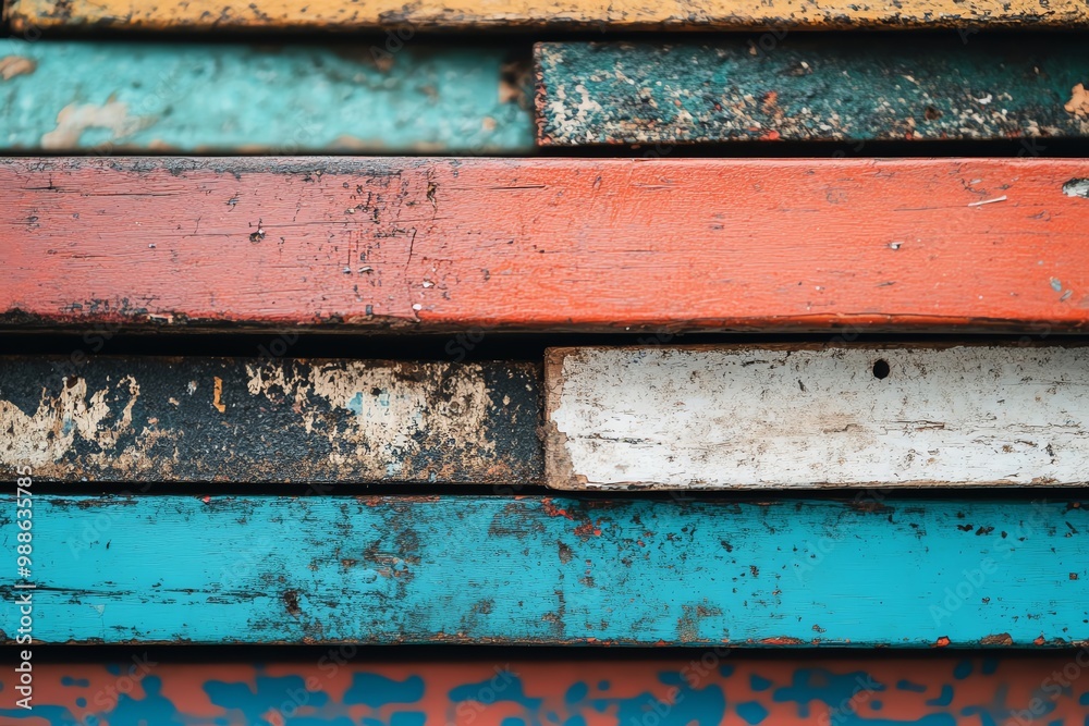 A close-up view of stacked wooden planks in various colors, showcasing texture, wear, and vibrant hues. Perfect for rustic themes. A close-up view of stacked wooden planks in various colors, showcasing texture, wear, and vibrant hues. Perfect for rustic themes.