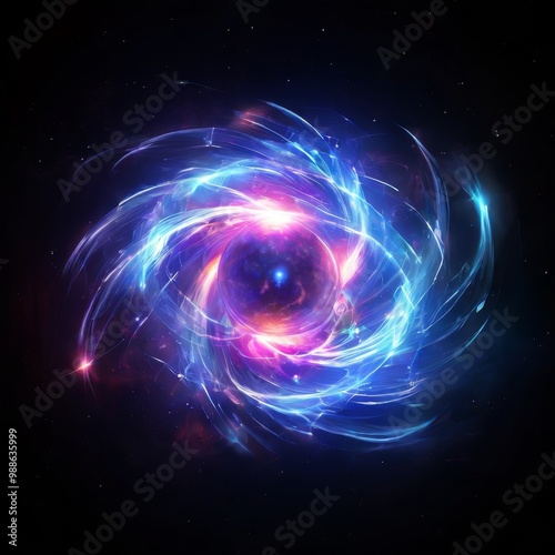 Dynamic and vibrant digital representation of an energy ball surrounded by swirling ribbons of light in space. The bright blue and pink hues create a striking visual, symbolizing energy, motion, and