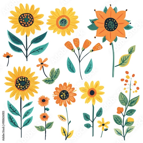 Illustrations set of abstract sun flowers