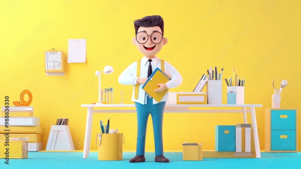 A cheerful cartoon character stands in a colorful office with various stationery items. A cheerful cartoon character stands in a colorful office with various stationery items.