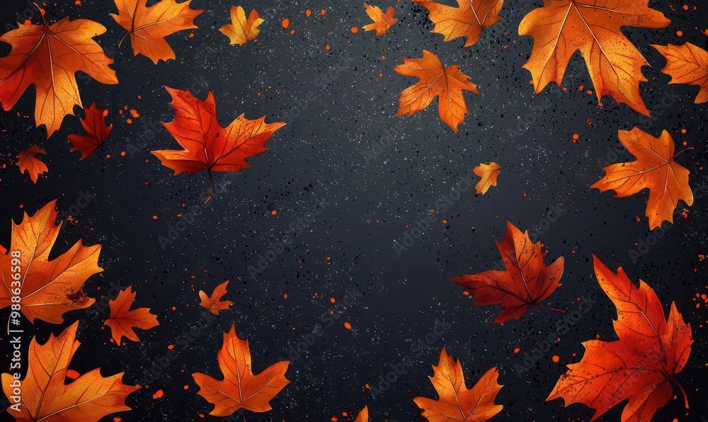 Autumn Leaves on Dark Background with Orange and Red Colors Autumn Leaves on Dark Background with Orange and Red Colors