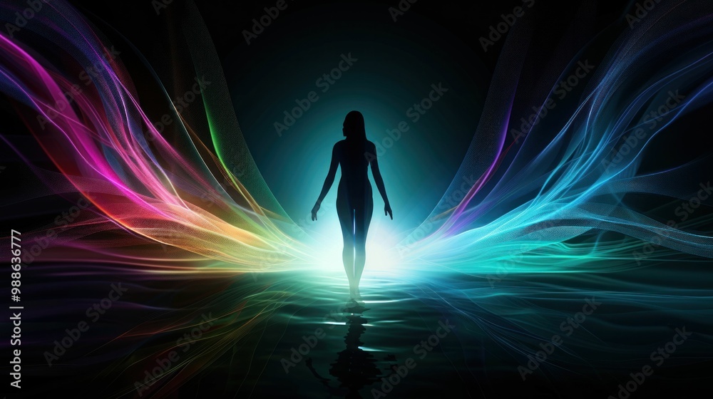 Silhouette of a person standing in a vibrant light colorful waves flow around, creating an energetic atmosphere against a dark background Silhouette of a person standing in a vibrant light colorful waves flow around, creating an energetic atmosphere against a dark background