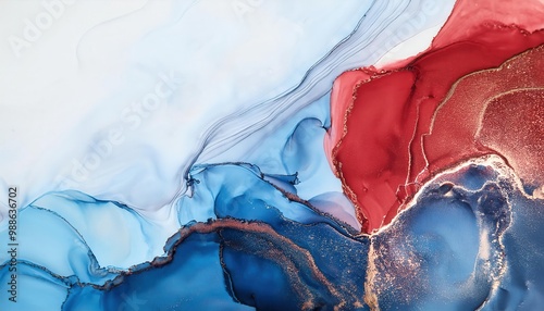 Vibrant Fluid Harmony. Abstract Waves of Crimson and Azure with Metallic Accents, Evoking Movement and Depth in a Marbled Canvas of Blue, Red, and Subtle Silver Highlights. USA Flag Colors Patrioric  photo