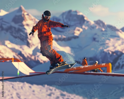 A snowboarding camp featuring a fun terrain park, with riders hitting rails and jumps photo