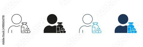 Pharmacy Pills Line and Silhouette Icon Set. Person with Drug Medication Symbol. Medicine Treatment Pictogram. Patient Antibiotic Prescription. Editable Stroke. Isolated Vector Illustration