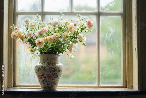 Floral vase on rainy window sill