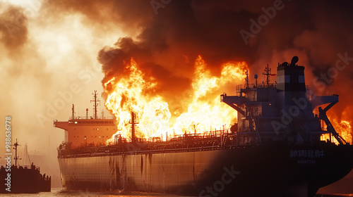 Fire on a cargo ship. A ship carrying liquefied gas caught fire. Explosion and fire on an oil tanker on the high seas. Shelling of an oil or gas tanker. 3D rendering. Illustration. photo