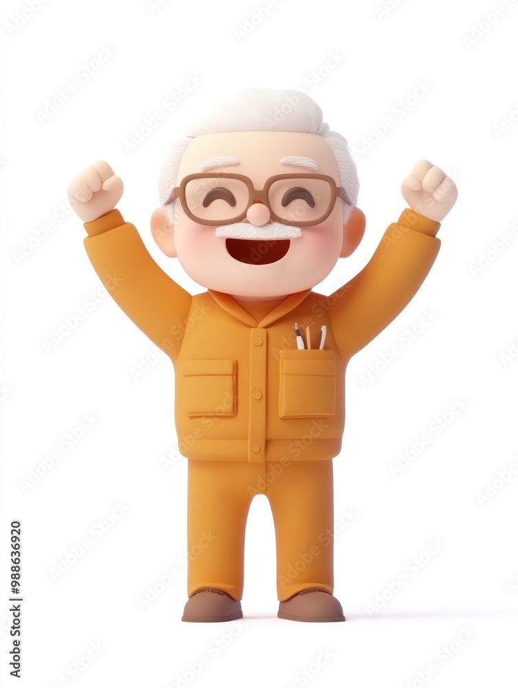 A cheerful cartoon elderly man celebrating with raised arms, wearing glasses and an orange outfit. A cheerful cartoon elderly man celebrating with raised arms, wearing glasses and an orange outfit.