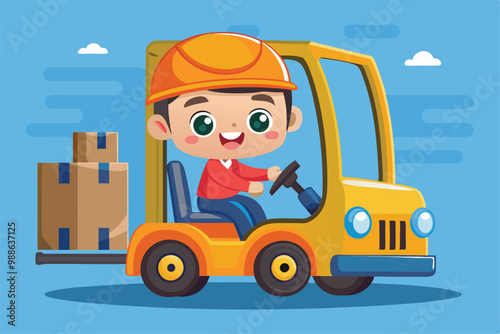 A young boy happily operates a forklift, transporting boxes across a colorful background, Cartoon character of a little boy driving a forklift truck