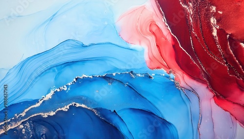 Vibrant Fluid Harmony. Abstract Waves of Crimson and Azure with Metallic Accents, Evoking Movement and Depth in a Marbled Canvas of Blue, Red, and Subtle Silver Highlights. USA Flag Colors Patrioric  photo