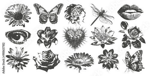  Retro photocopy set for girls. Vintage grunge effect on romantic elements. Heart, Eye, Rose, Daisy, Butterfly Vector.