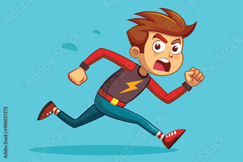 A young man runs away energetically, showcasing determination against a bright, cheerful background, Cartoon character of a man running away from the camera