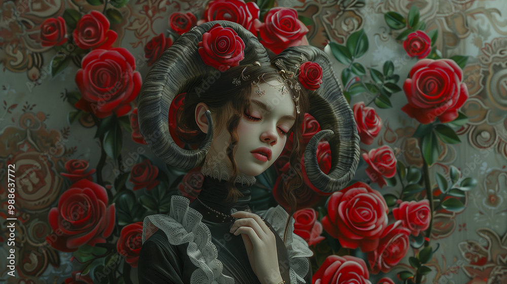 A girl with ram's horns and red roses, painted in oil, high detail A girl with ram's horns and red roses, painted in oil, high detail