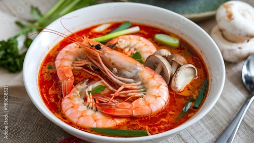 A bowl of Tom Yum soup with prawns, mushrooms, and herbs.