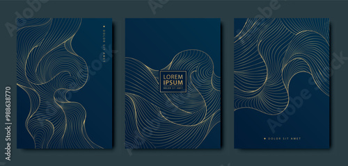 Vector set of art deco wavy art design covers, marble premium templates. Business cards, event invites, brochure, birthday, package background