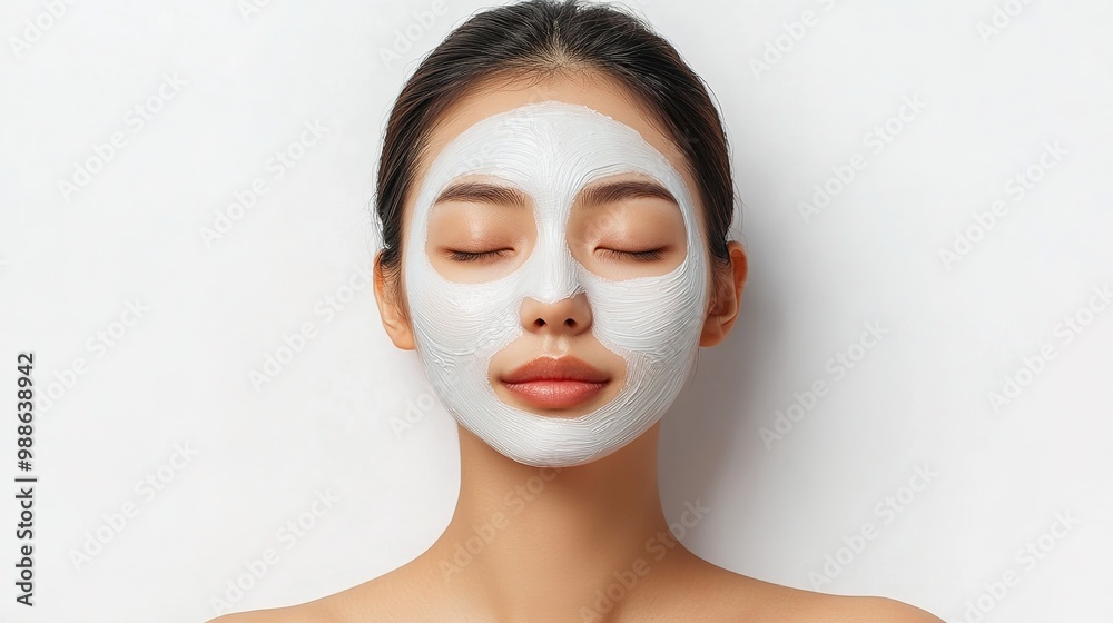 A young Asian woman with beautiful, glowing skin, undergoing a facial mask treatment, framed against a crisp white background A young Asian woman with beautiful, glowing skin, undergoing a facial mask treatment, framed against a crisp white background