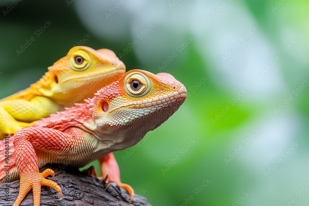Obraz premium Two vibrant lizards with striking colors resting on a log, showcasing the beauty of reptiles in a lush green environment.