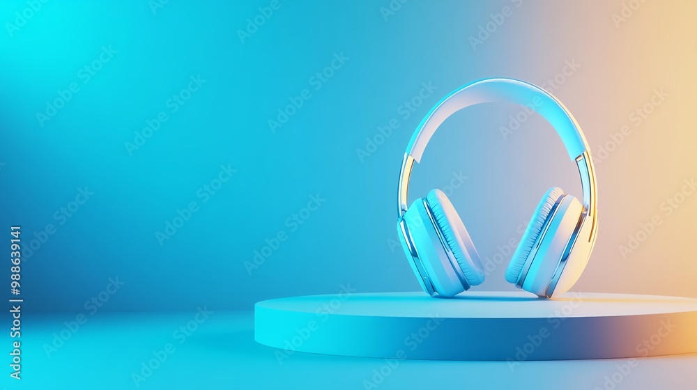 Stylish wireless headphones on a round pedestal with vibrant gradient background.