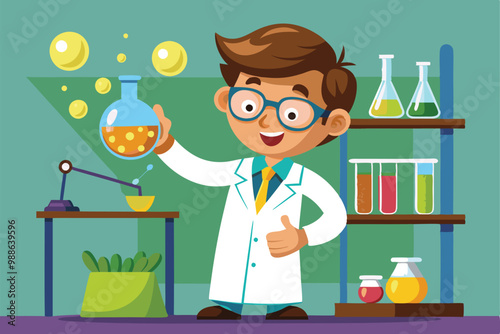 A cartoon scientist happily conducts an experiment with bubbling liquids in his cheerful laboratory, Cartoon Scientist Doing Science Experiment