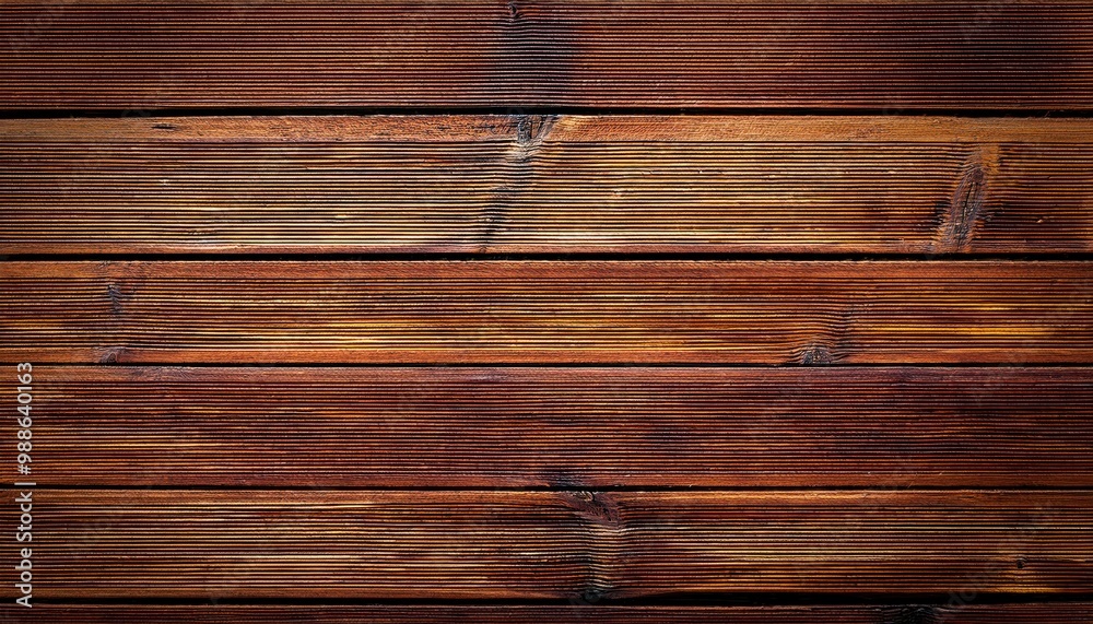 Close-Up of Varnished Wooden Decking Planks with Horizontal Grain and Textured Surface in Warm Brown and Golden Hues, Featuring Subtle Natural Knots and Grooves, Ideal for Flooring or Outdoor Spaces Close-Up of Varnished Wooden Decking Planks with Horizontal Grain and Textured Surface in Warm Brown and Golden Hues, Featuring Subtle Natural Knots and Grooves, Ideal for Flooring or Outdoor Spaces