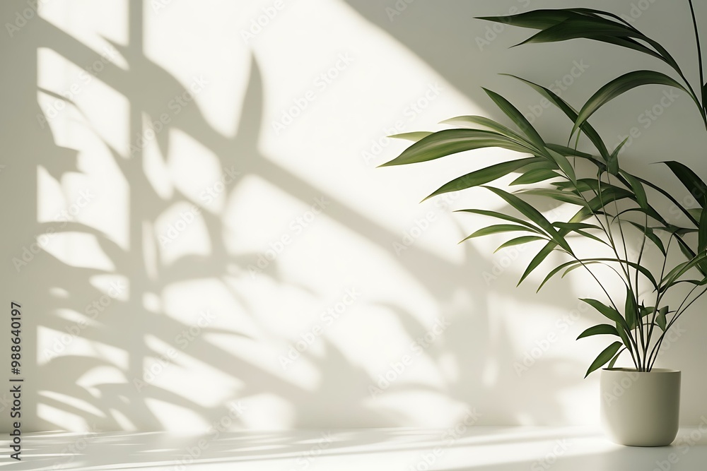 Green Plant Leaves Shadows On White Wall Background