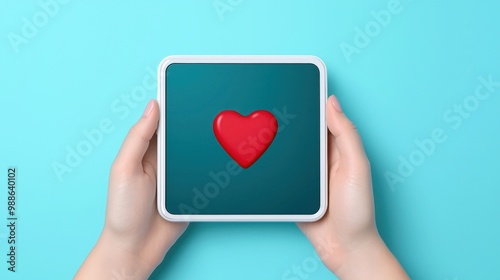 Hands holding a tablet with a red heart symbol against a teal background, conveying love and affection in a digital age.