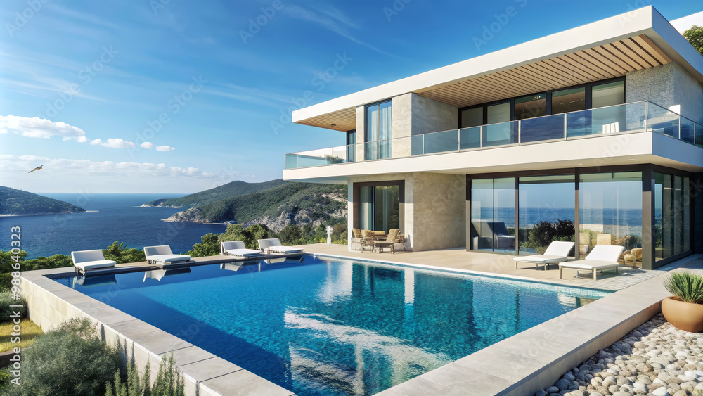 Obraz premium This stunning villa features a spacious outdoor pool surrounded by lounge chairs, offering breathtaking views of the serene sea and lush hills during sunset