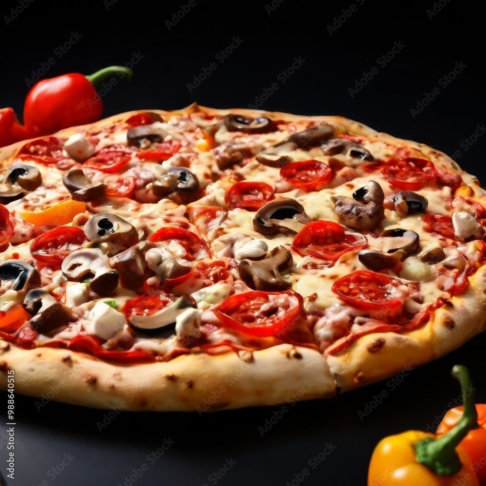 A hot, freshly baked pizza topped with olives, tomatoes, mushrooms, and cheese, set on a rustic dark background. The perfectly baked crust and rich toppings make this image ideal for promoting A hot, freshly baked pizza topped with olives, tomatoes, mushrooms, and cheese, set on a rustic dark background. The perfectly baked crust and rich toppings make this image ideal for promoting