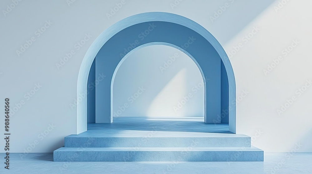 Simple, elegant blue arch and platform against a white background, highlighting the beauty of minimalism and modern design Simple, elegant blue arch and platform against a white background, highlighting the beauty of minimalism and modern design