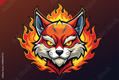 A striking cat head adorned with flames, representing fierceness and energy for a gaming account, cat head on fire for a gaming account photo