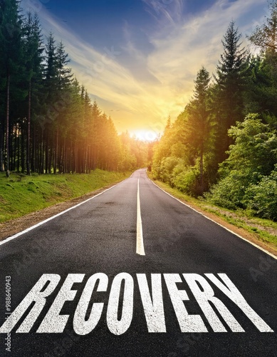 Recovery images, A highway road passes through a forest, blurred lens flare light, sunlight morning,sun rising,	