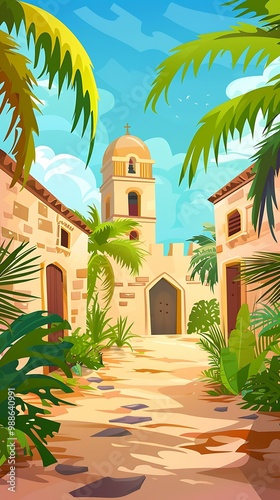 Tropical Island Village With Church Tower