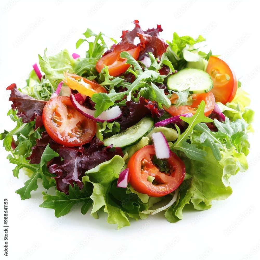 A fresh, colorful vegetable salad featuring crisp lettuce, juicy tomatoes, and sliced cucumbers, lightly seasoned and isolated on a clean white background. A fresh, colorful vegetable salad featuring crisp lettuce, juicy tomatoes, and sliced cucumbers, lightly seasoned and isolated on a clean white background.