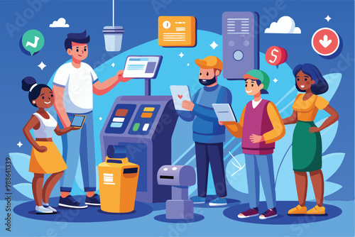 People interact with self-service terminals featuring touchscreens in a colorful, engaging environment, characters using self service terminals with touch screens