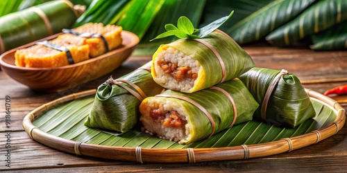 Steaming hot and fragrant, this glutinous rice cake is filled with sweet mung beans and pork, then wrapped photo