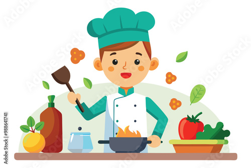 A chef joyfully stir-fries vegetables in a pan surrounded by fresh ingredients in a lively kitchen, Chef boy cooking vegetables in a pan . isolated white background