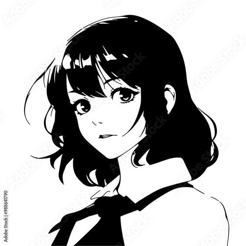 anime girl with hair, logo, minimalistic, ultra simple cartoon style silhouette of character with black background and flat design, vector art