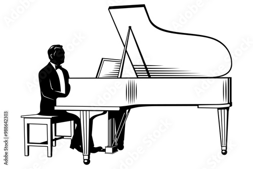 Silhouette of man playing on a white piano. Vector clipart isolated on white.