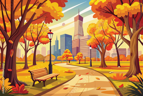 Yellow trees frame a peaceful park path, inviting a stroll under the clear blue sky in the heart of the city, City autumn park with yellow trees,