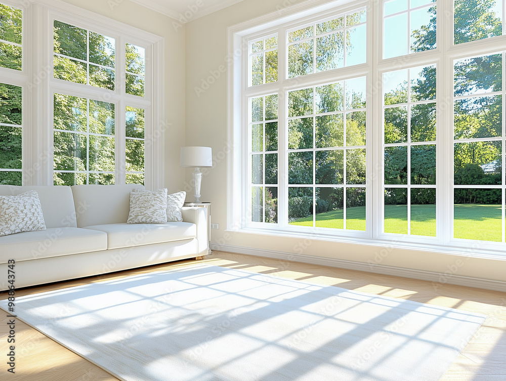 Fototapeta premium Spacious and bright living room with large windows and beautiful sofas