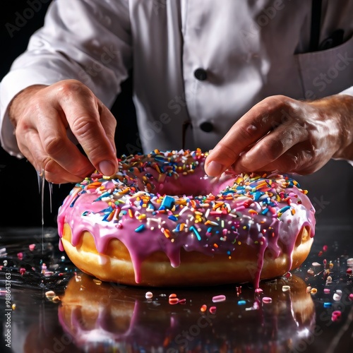 A chef carefully decorates a giant pink glazed donut with colorful sprinkles. The vibrant pink frosting and shiny glaze make the donut visually striking, while the chef. AI Generation