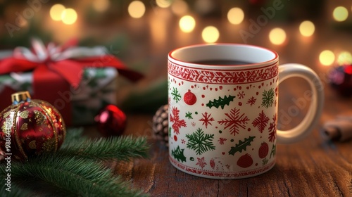 Cozy Christmas Mug and Ornaments on Rustic Wooden Table