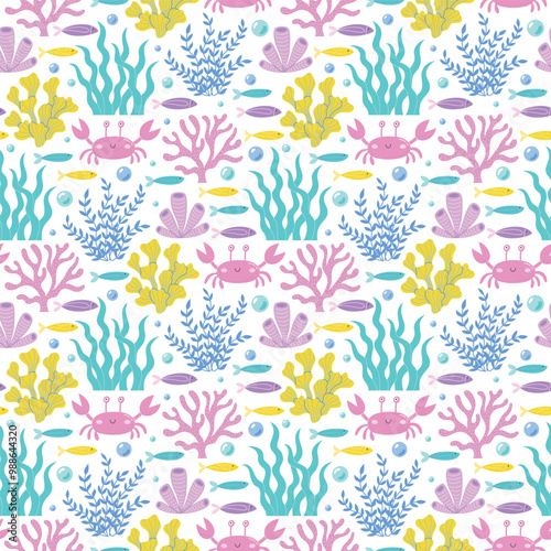 Childrens cute background. Funny crab, colorful fishes, seaweeds and various coral reefs seamless pattern. Bright undersea life vector illustration